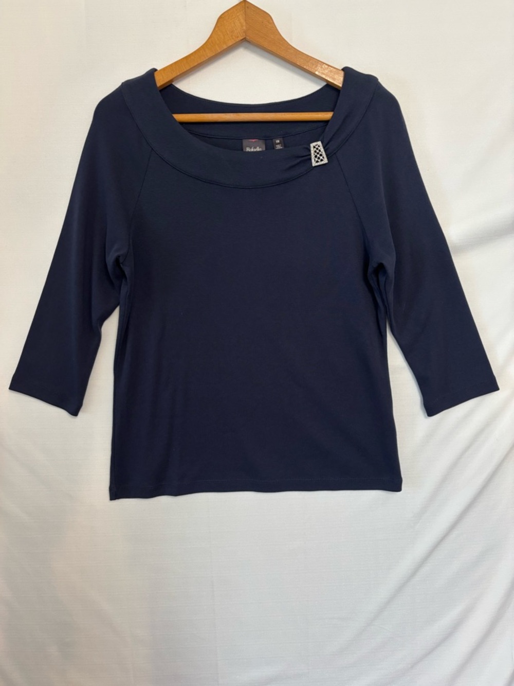 RAFAELLA Blue Boat Neck Top With Rhinestone Clip Size PM